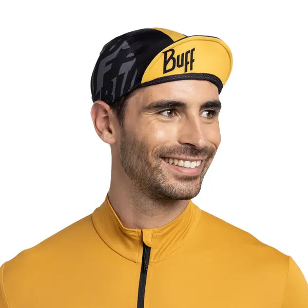 Buff Pack Cycle Cap Logo schwarz gelb Radkappe Cycling Cap Auf und Davon Outdoor Equipment