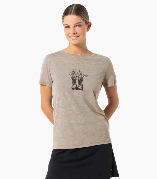 super.natural Women's Flower Boots Tee | Merino T-Shirt Vintage Khaki Melange/Chocolate Bean Auf und Davon Outdoor Equipment