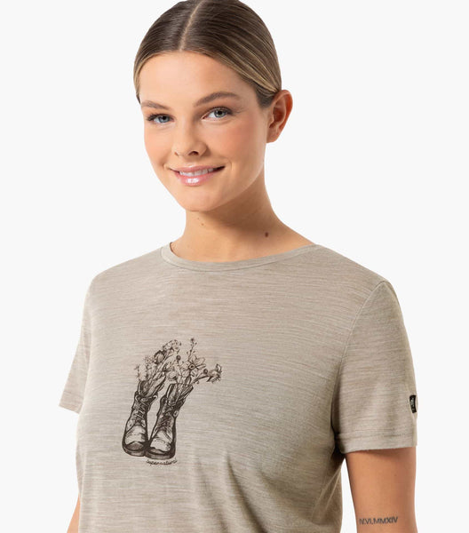 super.natural Women's Flower Boots Tee | Merino T-Shirt Vintage Khaki Melange/Chocolate Bean Auf und Davon Outdoor Equipment