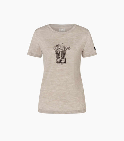super.natural Women's Flower Boots Tee | Merino T-Shirt Vintage Khaki Melange/Chocolate Bean Auf und Davon Outdoor Equipment