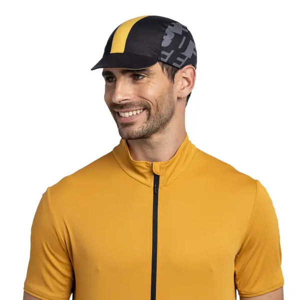 Buff Pack Cycle Cap Logo schwarz gelb Radkappe Cycling Cap Auf und Davon Outdoor Equipment