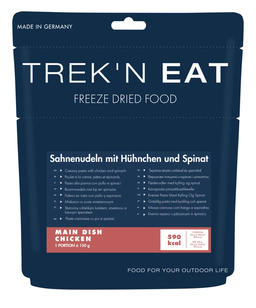trek'n eat Sahnenudeln mit Hühnchen und Spinat - Outdoor Essen gefriergetrocknete Mahlzeit Auf und Davon Outdoor Equipment