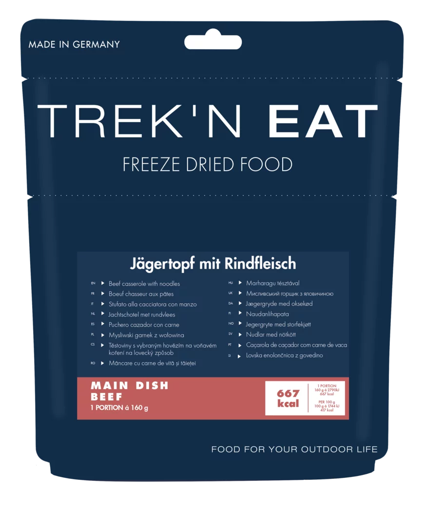 trek'n eat Jägertopf mit Rind und Nudeln - Outdoor Essen gefriergetrocknete Hauptmahlzeit Auf und Davon Outdoor Equipment